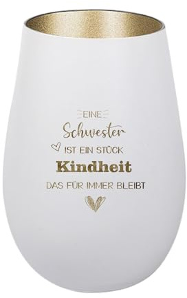 Der-Porzellan-Laden Windlicht mit Gravur Weiß Gold Teelichthalter aus Glas | Eine Schwester ist EIN Stück Kindheit, mit Spruch, Tischdeko modern