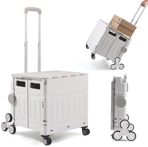 The Fellie Folding Shopping Cart Trolley with Stair Climbing Wheels, 50L & 50KG Collapsible Trolley Box Cart with Aluminium Telescopic Handle, Boot Cart with One-piece Lid for Shopping(White Grey)