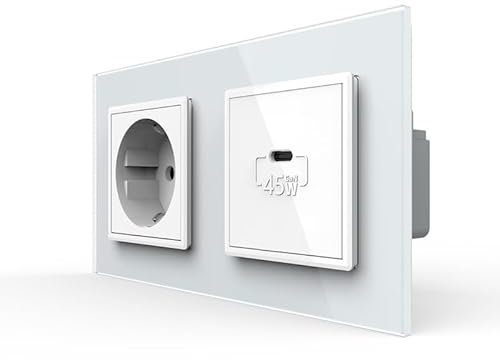 LIVOLO USB-Steckdose Typ C USB-C 45W Anschluss für Schnelles Laden Netzteil Ladegerät Schuko Doppelsteckdose 16A Wandsteckdose Unterputz Einbau 2-Fach Glasahmen in Weiß VL-FCUC/C1EU-11-A