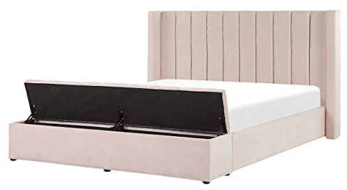 Beliani Velvet EU King Size Waterbed with Mattress Tufted 5ft3 Storage Bench Pastel Pink Noyers