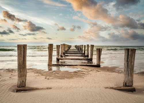 Rasch Tapete 363395 - Fototapete auf Vlies mit Meer, Sand und Holzwellenbrecher in Beige und Blau aus der Kollektion Magicwalls - 2,65 m x 3,71 m (LxB)