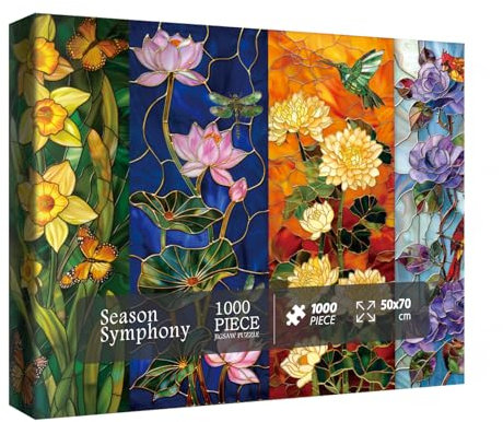 Stained Glass Flower Puzzles for Adults 1000 Pieces, Colorful Art Plant Jigsaw Puzzles, Beautiful Season Bird Cardinal Dragonfly Lotus Rose Floral Puzzle