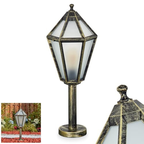 Sockelleuchte Falfosa, Sockellampe aus Metall/Glas in Schwarz/Gold/Milchglas, klare Wechseslscheiben, Leuchte im Vintage/Antik/Landhaus-Design für Garten/Terrasse, 64 cm, E27, ohne Leuchtmittel, IP44