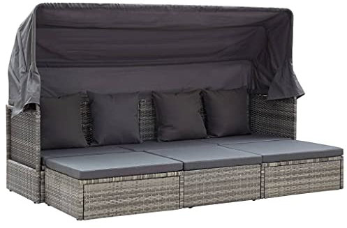 HEFZGDB Garten-Sonneninsel mit Dach Grautöne Poly Rattan Gartenliege Sonnenliege Strandliege Geeignet für Pool, Terrasse, Garten.