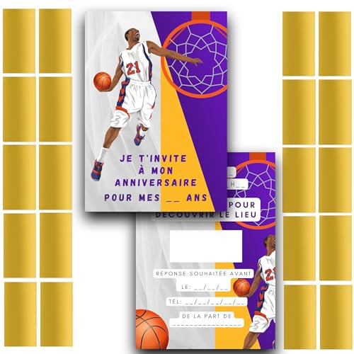 RXLITE NEU 2024 Premium Partizipatives Kreativset mit 20 Einladungskarten Geburtstag zum Rubbeln Thema Basketball auf Französisch und 20 goldene Rubbelaufkleber für eine unvergessliche Party