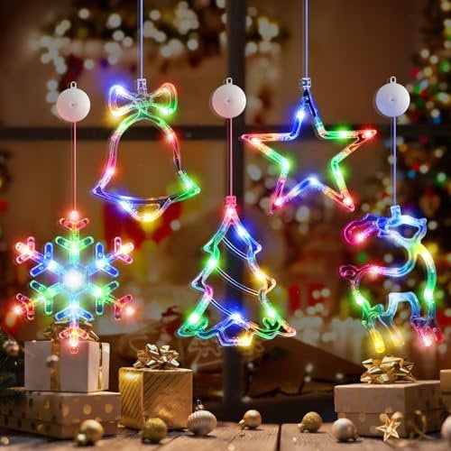 LYUBASA 5Pack Christmas Window Lights Decorations with Timer,Battery Powered Christmas Hanging Multicolor Lighted Snowflake Tree Star Deer Bells Shaped LED Sucker for Xmas Fireplace Indoor Decor