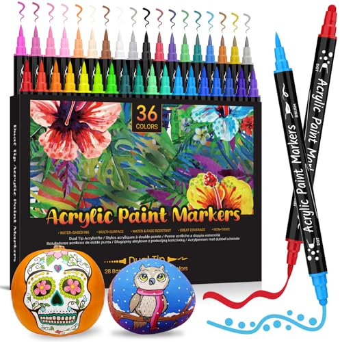 AOSUCO Acrylstifte für Steine, Wasserfest - 36 Dual-Tip Acrylstifte für Holz, Papier, Glas, Kunststoff, Leinwand, Muscheln - Kinder, Halloween, Kürbis zum Bemalen