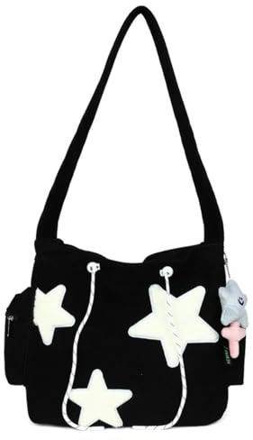 Cord Umhängetasche Damen, Crossbody Bag, Messenger Tasche, Süße Stern Handtasche, Groß Vintage Einkaufstasche für Studenten Mit Anhänger