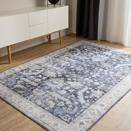 benuta Basic Waschbarer Teppich George - Blau 300x400 cm - Kunstfaser - Rechteckig & im Style: Vintage, Elegant, Retro - Pflegeleicht für Wohnzimmer Schlafzimmer