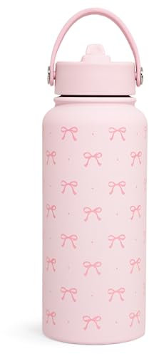 SANDJEST Pink Bow Water Bottle Stainless Steel Insulated Vacuum 32oz with Lid, Gifts for Women Girls Teens Birthday Christmas