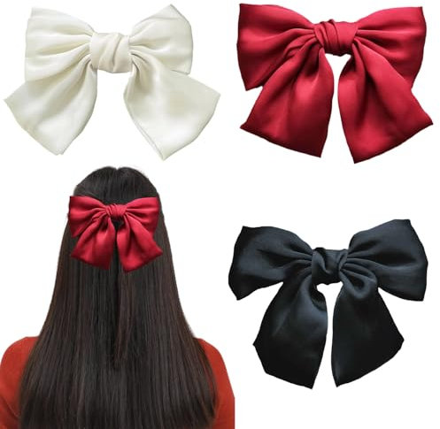 Nœuds pour cheveux, 3 pièces, nœuds pour cheveux pour femmes, nœuds noirs, barrettes à cheveux, pinces à cheveux en satin doux et soyeux pour femmes et filles (noir + blanc + bordeaux)