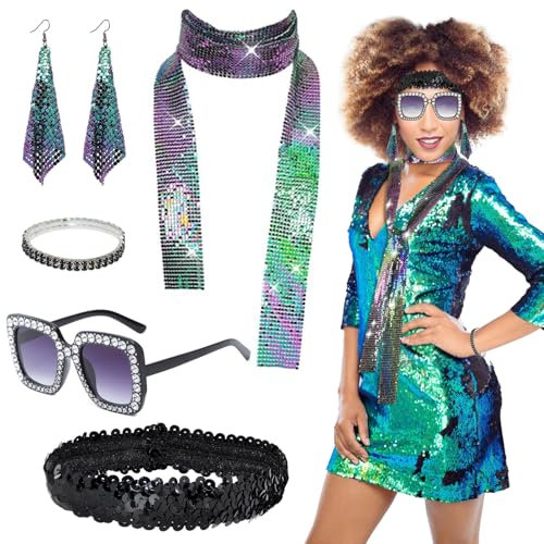 Carreuty 5 Stück Disco Accessoires, 70er Jahre Kostüm Pailletten Stulpen Disco Sonnenbrille Damen Ohrringe Armband Stirnband und Schals 70er 80er Jahre Glitzer Kostüm Festliches Outfit Damen