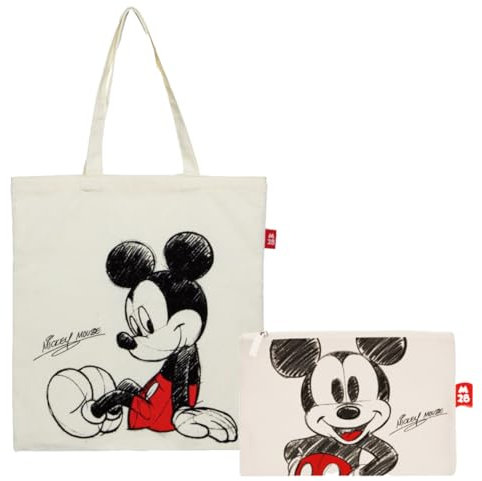 Superdiver Set Borsa Shopping e Pochette Topolino - Licenza Ufficiale Disney Mickey Mouse - Cotone e Poliestere - Ideale per Uso Quotidiano o Regalo - 37x41 cm e 22,5x16 cm