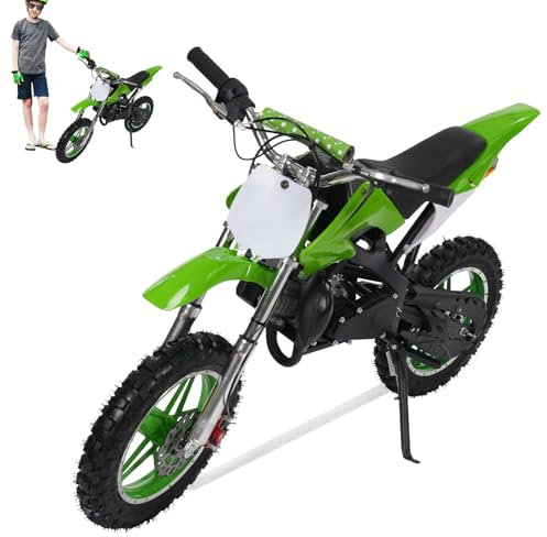 OUBUBY 49ccm Dirt Bike Dirtbike CrossBike Kinder Enduro DirtBike pocket 49cc 2 Takt Pitbike PocketBike Motocross Motorrad 10 Zoll Luftreifen Moto Cross für Kinder von 6-17 Jahrenb (Grün, 10 Zoll)