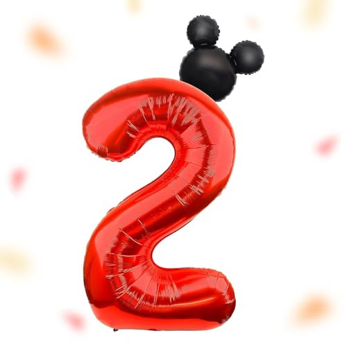 DazzJoy Zahlen Luftballon 2. Geburtstag, 40 Zoll Maus Folienballon Zahl 2, Zahlenballon 2 Helium Ballon Rot, Mouse Luftballon für 2 Jahre Jungen Mädchen Geburtstagsdeko, Babyparty, Jubiläum Party Deko
