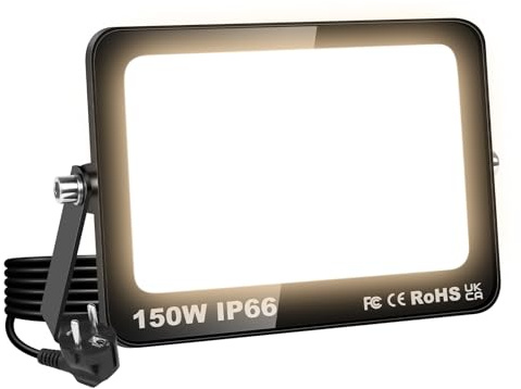 SKYWORLD 150W 15000LM Led Strahler Außen Innen Außenstrahler, EU Stecker | 3000K Warmweiß LED Fluter Außenstrahler, Wasserdicht Scheinwerfer Flutlichtstrahler fur Garten Garage Hof Flur Terrassen