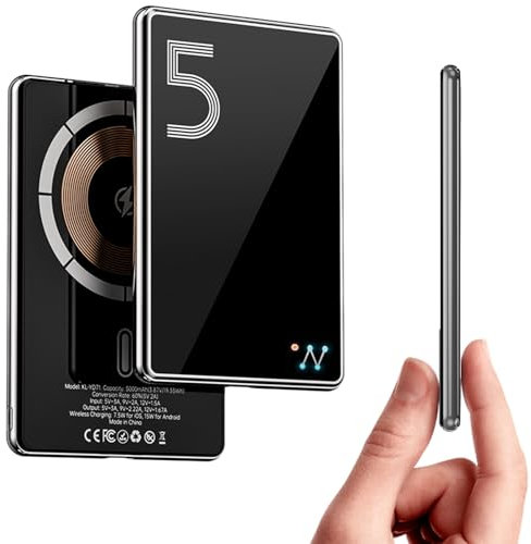 LUCKYDUO Powerbank 5000 mAh, 0.26 Zoll Ultra Dünn, Kabellose Magnetische Externer Akku,PD 20W USB-C Schnelles Aufladen