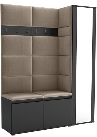 Brent - Garderobenschrank Flur Schwarz mit sitzbank 145 cm Breit Luton 7 - Multifunktionale Flurgarderobe Set mit Stauraum und Wandpaneel, Garderobe mit Sitzfläche und Kleiderhaken