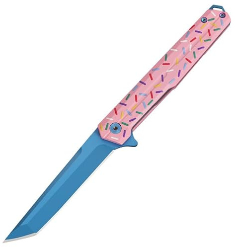 Amacigana Rosa Klappmesser, Klinge aus D2-Stahl, mit rutschfestem Griff, Taschenclip, Klappmesser für Camping, Wandern, Survival und EDC (Puderblaues Quadrat)