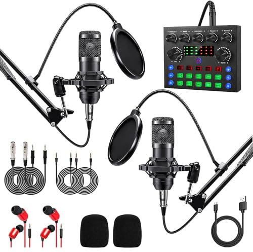 TECKZOON BM800 - Kit completo de podcast para 2 micrófonos cardioides, interfaz de audio y mezclador de DJ, ideal para streaming en vivo, canto, TikTok y YouTube
