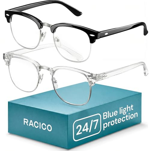 racico Computer Blue Light Blocking Glasses 3 Pack Blue Light Glasses Men Women, Anti Blu-Ray Clear Gaming Glasses Lenses, Negro Y Transparente, 50-16-140