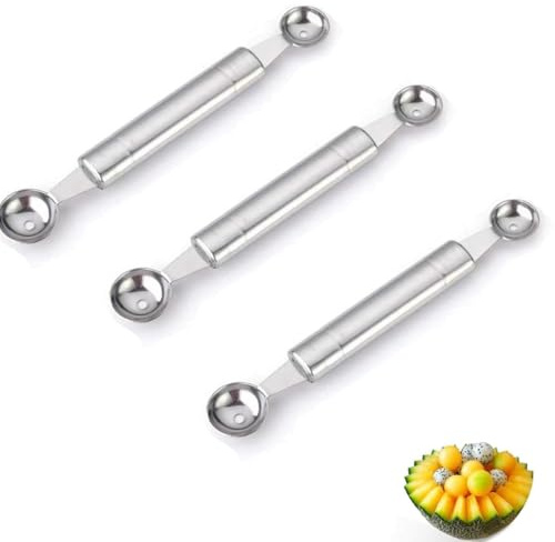 Juego de 3 cucharas de fruta de doble punta, utensilios de cocina multiusos de acero inoxidable, sacabolas de melón de acero inoxidable, sacabolas de melón y sacabolas de helado.