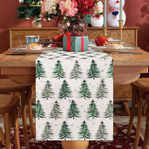 Schnee Bäume Schneeflocken WeihnachtenTischläufer, Grün Weihnachten Bäume Tischläufer Modernes Tisch Läufer Saisonnal Winter Küche Tisch Bauernhaus Dekoration Drinnen Urlaub Party Dekor 40x140 cm