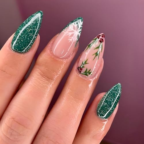 JUSTOTRY 24 Stück Weihnachten Nägel Zum Aufkleben Kurz,Grün Glitzer Mandel Press on Nails mit Schneeflocken Muster,Glossy Oval Kunstnägel Mittel,Festival French Fingernägel zum Aufkleben für Frauen