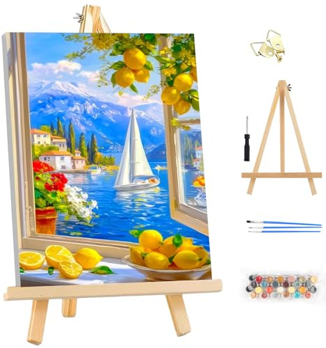 MEIYUDA Peinture par Numero Adulte avec Cadre, Citron Paysage Kit de Peinture à l'Huile sur Toile par Numéro, Paysage Decoration Maison Cadeau 25x35cm