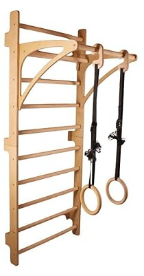 Bear On Bar – Trainingsleiter-Set 200 x 80 cm für Innenräume – bis 100 kg – An der Wand montierte Holzleiter mit Abnehmbarer Stange und Turnringen – Ideal für Kinder und Erwachsene