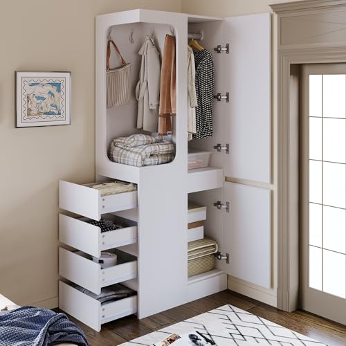 boorbin Armario de 70 x 40 x 170 cm, con cajones y compartimentos de almacenamiento, área abierta para ropa, de una puerta (Blanco)