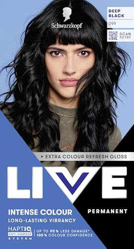Schwarzkopf LIVE Intense Colour Hair Dye, 099 Deep Black | Permanent Black Hair Dye, HaptiQ Anti-Damage System, Long-Lasting Results, with Colour Refresh Gloss