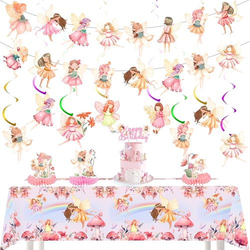 Feen Geburtstag Deko Girlande Set - 15 Stück Feen Deko Kindergeburtstag mit Fee Girlande, Bienenwabe Mittelstück, Tischdecke und Hängende Wirbel für Fairy Thema Party Kindergeburtstag Mädchen