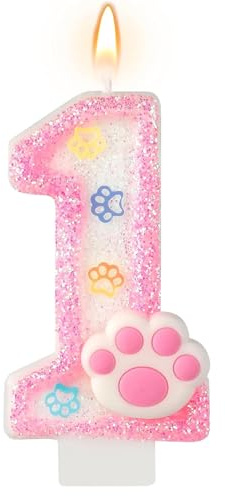 DazzJoy Katzen und Hund Geburtstagskerzen 1, Hund und Katzen Kerze 1. Geburtstag Mädchen, Hunde und Katze Geburtstagskerze 1 Geburtstag Mädchen Deko, Katze und Hunde Kerzen Zahlen 1 Rosa (ca.7,2cm)