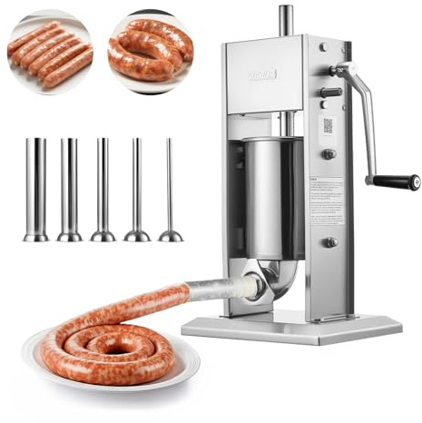 VEVOR Manual Sausage Stuffer, 7 LBS / 3 L Vertical Meat Stuffer, Heavy Duty Sausage Casing Meat Stuffing Machine, Dual-Speed Stainless Steel Filler with 5 Filling Tubes, for Commercial and Home Use