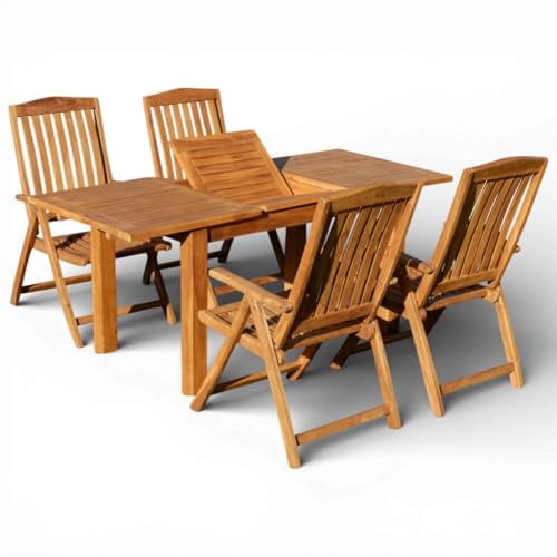 ALEOS. Teak Gartenmöbel Set - Ausziehbarer Bigfuss Gartentisch 130-180 x 80 cm & 4 Tobago Hochlehner Stühle - Massives Teakholz, verstellbare Rückenlehnen, wetterfest