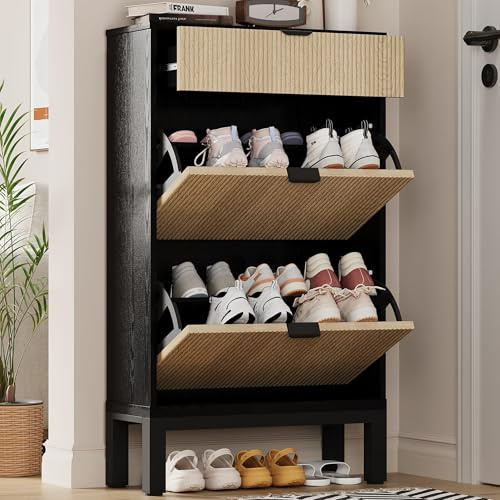 GarveeMore Zapatero Estrecho de Madera - Zapatero Volcable con 2 Puertas y 1 Cajón - Decoración con Patrón Ondulado - con Manijas Metálicas - Ideal para Entrada, Pasillo y Recibidor - Negro & Roble