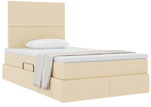 vidaXL Aufbewahrungsbett mit Matratze Creme 120 x 190 cm Stoff, Moderner Stauraumbett, rechteckig, hydraulisch, platzsparend, bequem, schwarzes Kunstleder, Matratze dabei