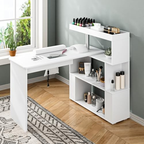 Nail Desk,L-Shaped Nail Table with Electric Dust Collector & 4 Dust Bags