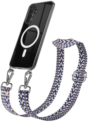 EAZY CASE Handykette - Verstellbares Taschenband kompatibel mit Galaxy A37, Schulterriemen, Handykordel mit Silikon Hülle, Qi Charging kompatibel, Umhängetasche, Blau Weiß Silber