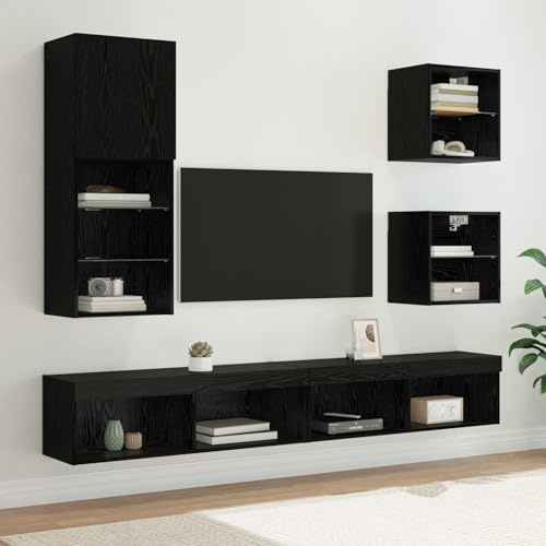 Generico Meuble TV moderne avec LED 5 pièces, meuble TV suspendu chêne noir, armoire murale en bois multicouche avec étagères en verre, 100 x 30 x 30 cm