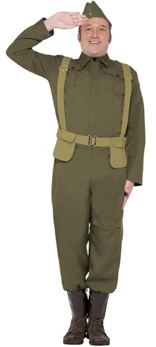 Smiffys WW2 Home Guard Private Costume, Green Trousers, Ankle Covers, Jacket, Hat & Harness Belt, 1940's Wartime Fancy Dress, Adult Dress Up Costumes