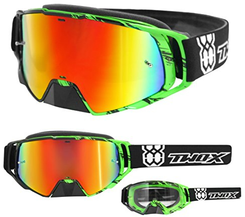 TWO-X Cross-Brille - Motocrossbrille mit verspiegeltem Iridium Glas - Motorradbrille - Enduro & Downhill - Schutzbrille - Rocket - Crush Schwarz-Grün
