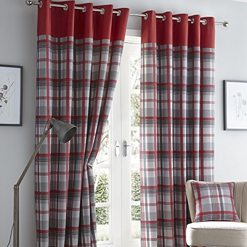 Portfolio Orleans Check Striped Fully Lined Eyelet Ring Top Curtains - Red 90 Wide x 90 Drop