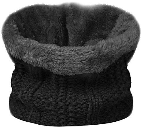 TOSKATOK Kids Girls Winter Rib Seed Stitch Thermal Warm Cosy Fleece Lined Neck Warmer Snood Scarf with Hat Set-Black-Scarf