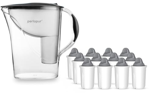 perlopur® Wasserfilter Standard (anthrazit) +12 Filterkartuschen Protect+ | 2,4 l gesamt, 1,2 l gefiltert, kompakt, stabil, BPA-frei, für classic Kartuschen, für sehr hartes Wasser, starke Entkalkung