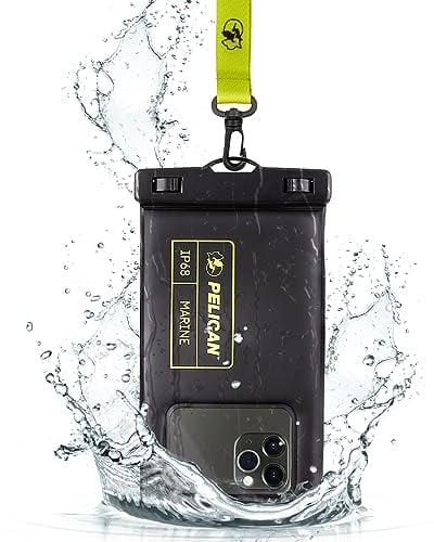 Pelican Marine - Pochette étanche IP68 (Taille Standard) - Étui de téléphone Flottant et étanche pour iPhone 14 Pro Max/13 Pro Max/12 Pro Max/11/S22 Ultra - Cordon Amovible - Noir/Jaune
