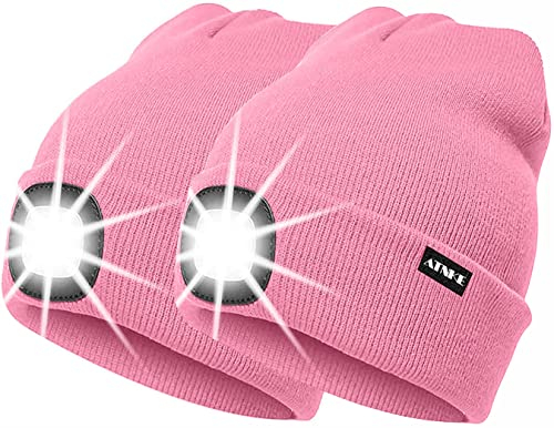 ATNKE 2Pcs Neue Warme LED beleuchtete Mütze,Unisex USB wiederaufladbare Laufmütze Ultra Bright 4 LED wasserdichte Lichtlampe Mehrfarbig/Pink