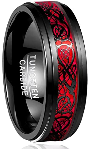 NUNCAD Ring Herren/Damen Keltische Drachen 8mm Rose Rot aus Wolframcarbid für Hochzeit Trauung Partnerschaft Events Größe 74.8(23.8)