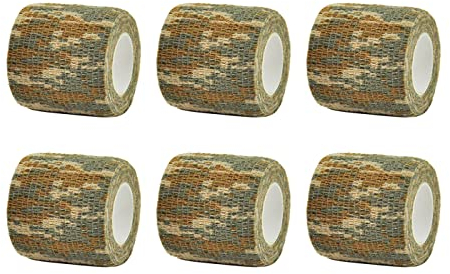 scosao 6PCS Self Adhering Cohesive Bandage Wrap, 2x5yd / 5cmx4.5m Stealth Camo Tape Wrap, Non-Woven Fabric Stretch Tape Protective Camouflage Wrap Tape for Outdoor Hunting Rifle Knife Handles,Camo-3